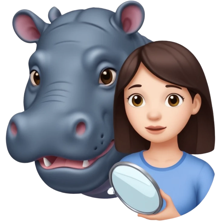 Women looking in a mirror and seeing a hippo emoji