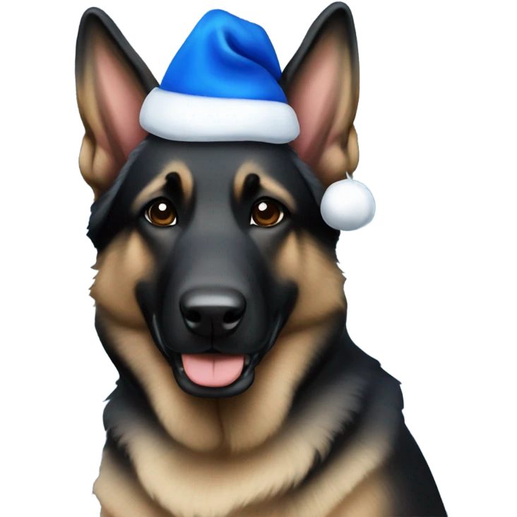 All black German shepherd with blue Santa hat emoji
