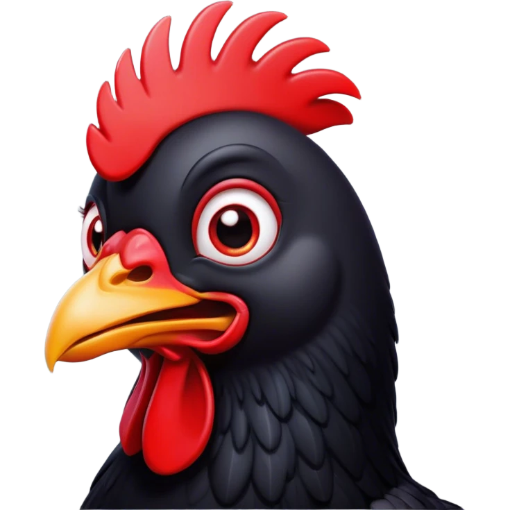Cinematic Comical Black Chicken Portrait Emoji, Head tilted dramatically with an exaggeratedly amused expression, featuring a sleek, glossy black plumage with a bold red comb, wide, expressive beady eyes filled with playful disbelief, Simplified yet hilariously expressive features, highly detailed, glowing with a slightly sassy glow, high shine, dramatic yet playful, stylized with an air of cheeky mischief, bright and endearing, soft glowing outline, capturing the essence of a spirited and over-the-top chicken, so meme-worthy it feels like it could cluck its way into internet fame instantly! emoji