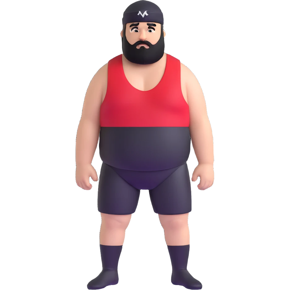 White skin fat guy with black durag, black beard, and black eyes in a red and black wrestling singlet emoji