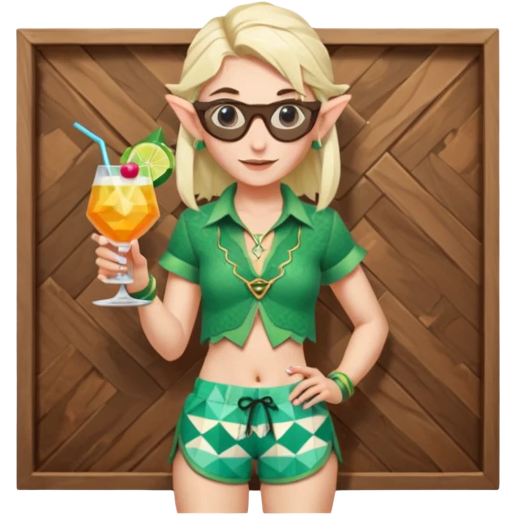 elf female legolas portrait, patterned board shorts (geometric/abstract), unique wooden-framed sunglasses, undercut hairstyle, slight smirk, visible pointy ears, no background, centered emoji, hipster summer vibe coctails  emoji