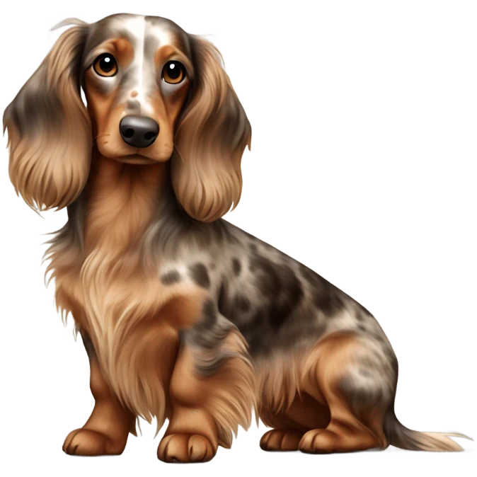 Two brown Merle long haired Dachshunds full body one is smaller emoji