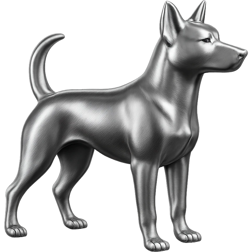               Apply a high-end, photorealistic metallic chrome material to the provided {subject}. The material should have a smooth, slightly curved surface with subtle reflections and soft shadows, resembling brushed or polished silver metal. Preserve the exact shape, proportions, and design of the original object. Set it against a solid black background (#000000) in 8K resolution. The lighting should enhance the beveled edges and reflective highlights, creating a sleek, premium finish. {subject} = dog emoji