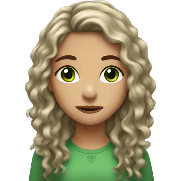 Girl with slighty curly long dark hair, green eyes and she cry emoji