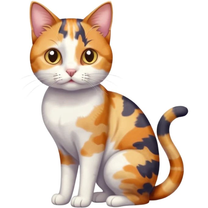 full body anxious looking colourful patchy calico tabby cat with tiny head to large body with fully white front legs emoji