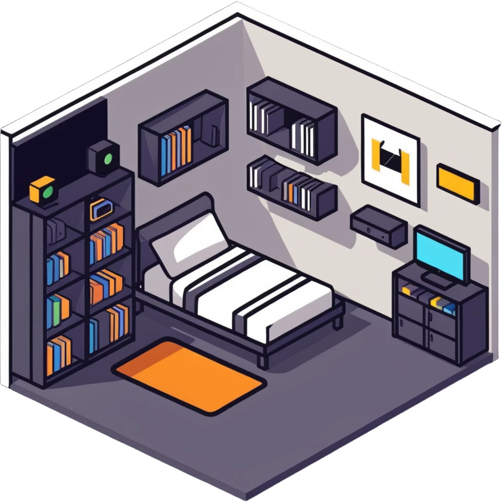 isometric view of teen bedroom layout with gaming setup, bed, and bookshelf emoji