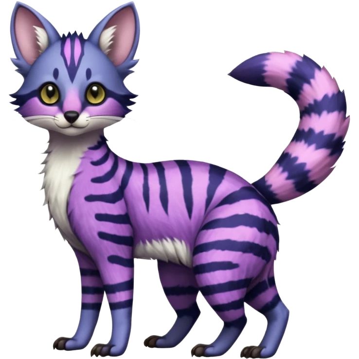 Beautiful fluffy vibrant soft exotic elegant spotted dotted thick puffy hyper-realistic lifelike furry Indigo, purple, violet, pink, Civet-Genet-Possum-Serval-Caracal-Sergal-Trico-Numbat-Furret-fusion-Fakemon-hybrid-creature (full body) with long tufted ears and a striped tufted tail  emoji