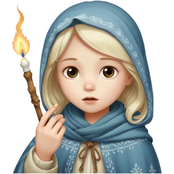 A small girl in a worn winter dress and shawl, holding a glowing matchstick close to her face, eyes wide with soft hope.
 emoji