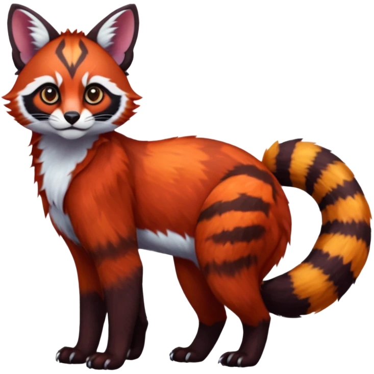Colorful dark tropical exotic cute cool beautiful shiny beautiful fantasy-caracal-civet-genet-Gryphon-Cacomistle-Trico-Red-Panda-oncilla-animal-Fakémon-hybrid-fursona (full body) emoji