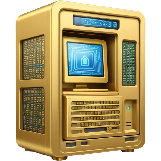 direct frontview golden ancient computer server with holographic screen above emoji