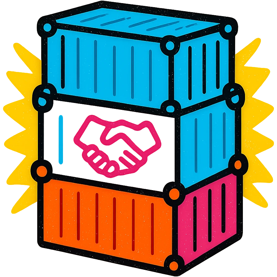 A fun and energetic icon of a stack of shipping containers with a partnership symbol, using colors #1E90FF, #F13816, and #FFFFFF emoji