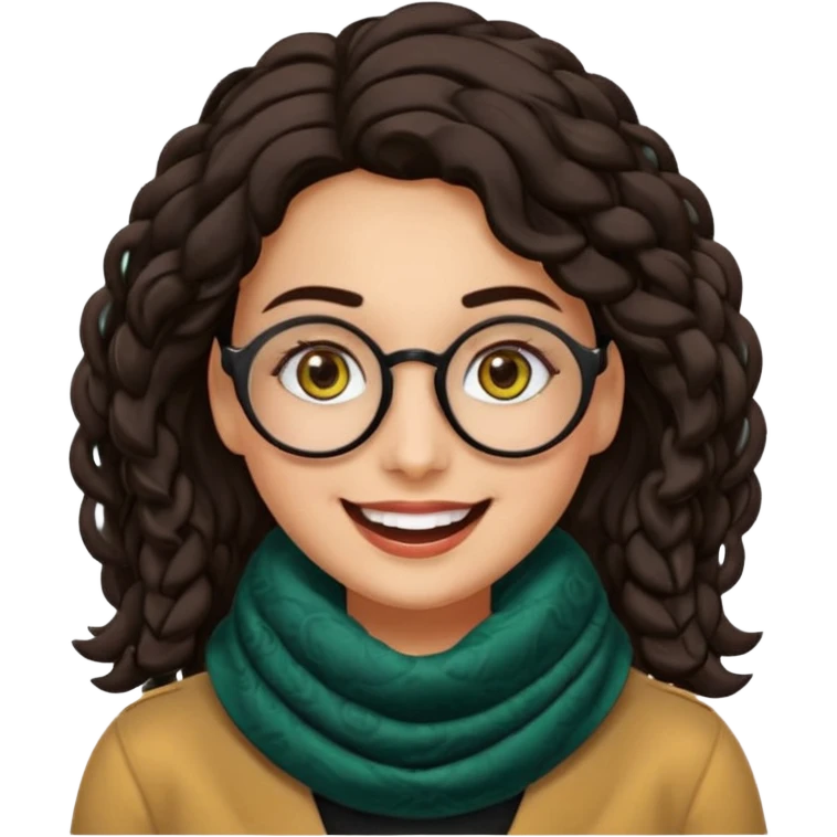 Emoji estilo WhatsApp de una mujer sonriente con rostro ovalado, piel semi oscura, ojos grandes y oscuros, cejas gruesas arqueadas, gafas grandes redondeadas, rizos voluminosos negros, bufanda colorida y expresión tierna. Colores limpios, contornos suaves y fondo transparente. emoji