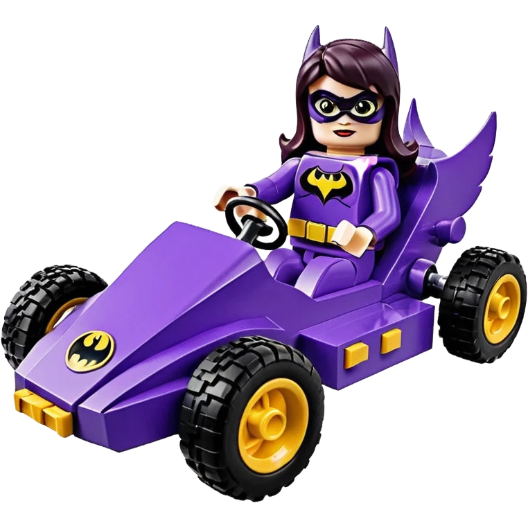 Hot full size real-appearance retro electric racing action BatGirl’s Lego feminine midnight-purple tight outfit sixty’s tv show 1992 stealthy retro sporty safe plush petite off-road pursuit cruiser car rose gold accents (black hair,reclined and relaxed torso seating position) go kart  emoji