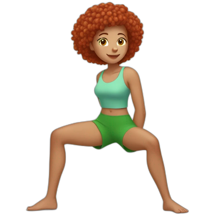 lightskin red haired girl stretching to touch her toes out with hand on her green shorts  emoji