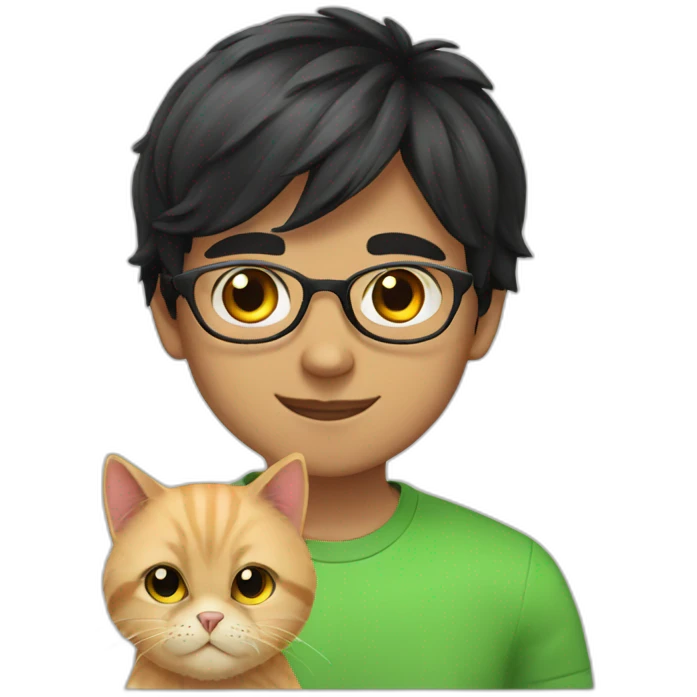 Boy green eyes, glasses, with black short hair, with orange Persian cat emoji