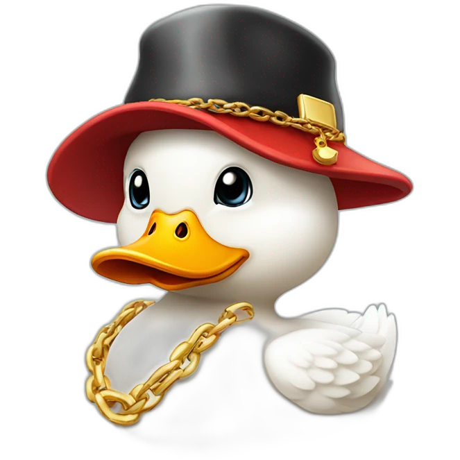 a white cartoon duck with a cap on his head thats in red and white, with a golden chain emoji