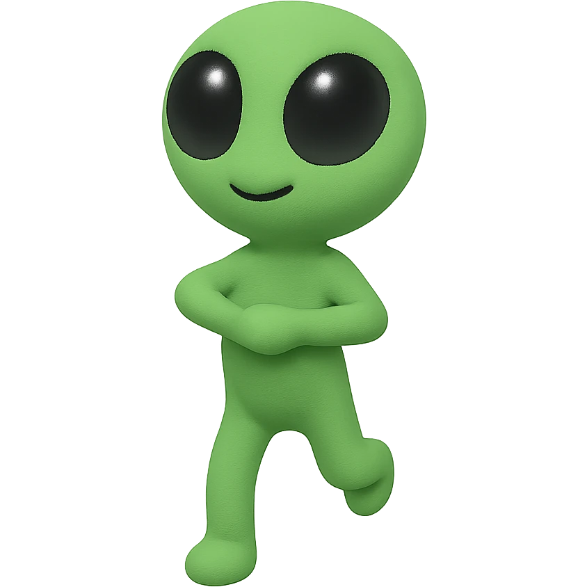 Create a neon green alien dancing, almost identical to the reference image, with minimal changes in the positions of arms and legs, looking straight ahead. This is frame 9 of an animation. PNG format with transparent background. emoji