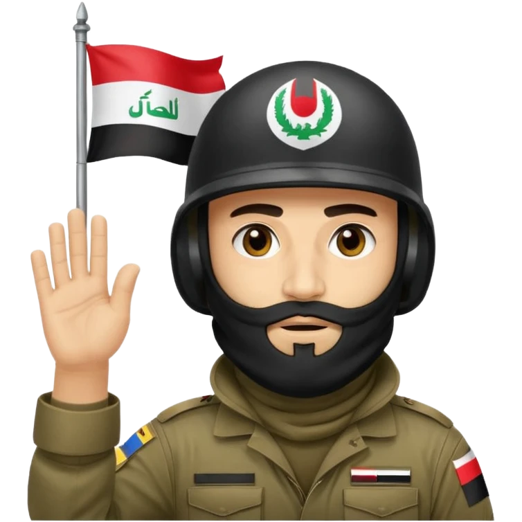 surrenders, depicts an Iraqi soldier from 1980, with a beard, in a helmet, a helmet with sign flag Iraq, with a balaclava, with sad eyes and both hands raised up emoji