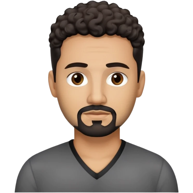 Latino man in his late 40s with light brown skin. Square face with defined jawline. Dark eyes with calm gaze. Short curly dark hair. Black goatee beard with some gray streaks. Wearing a black V-neck shirt. emoji