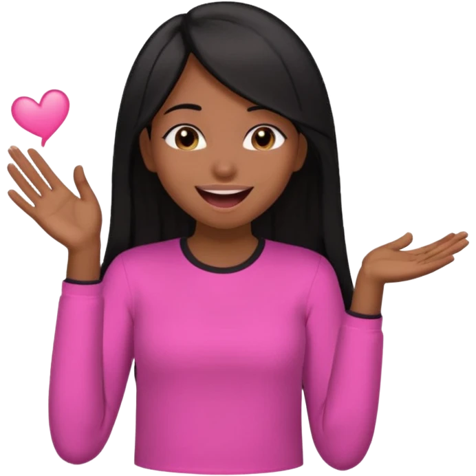 Chocolate brown girl wearing a pink shirt with long straight jet black hair giggling, she has one hand behind her back and one over her mouth  emoji