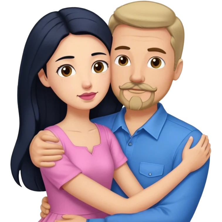 Tall white man with brown mustache goatee wearing blue hugging a short pale woman with long black hair wearing pink emoji