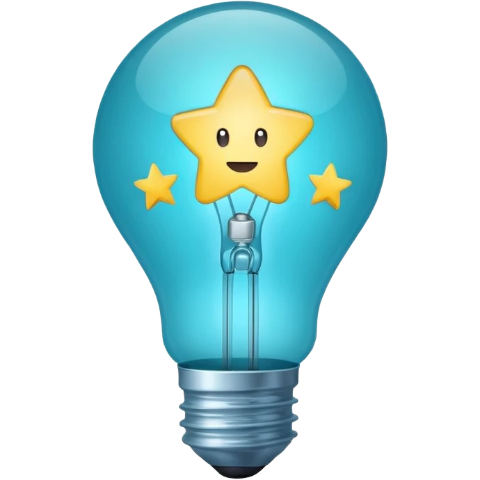 Light bulb icon with three small stars inside the bulb, flat emoji style, outline with blue and turquoise colors, white background emoji