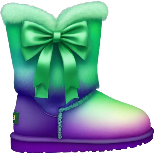 Realistic pair of green to purple ombre Ugg fur boots with silk ribbon bows. emoji