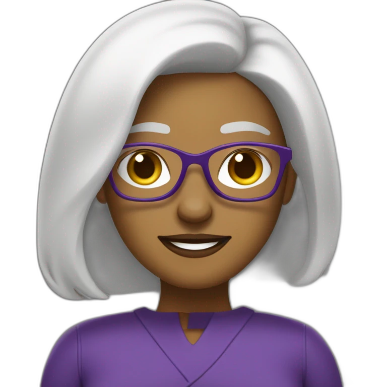 mujer riendo con piel de color blanco con gafas cabello hasta el hombro y de color marron con un computador morado emoji