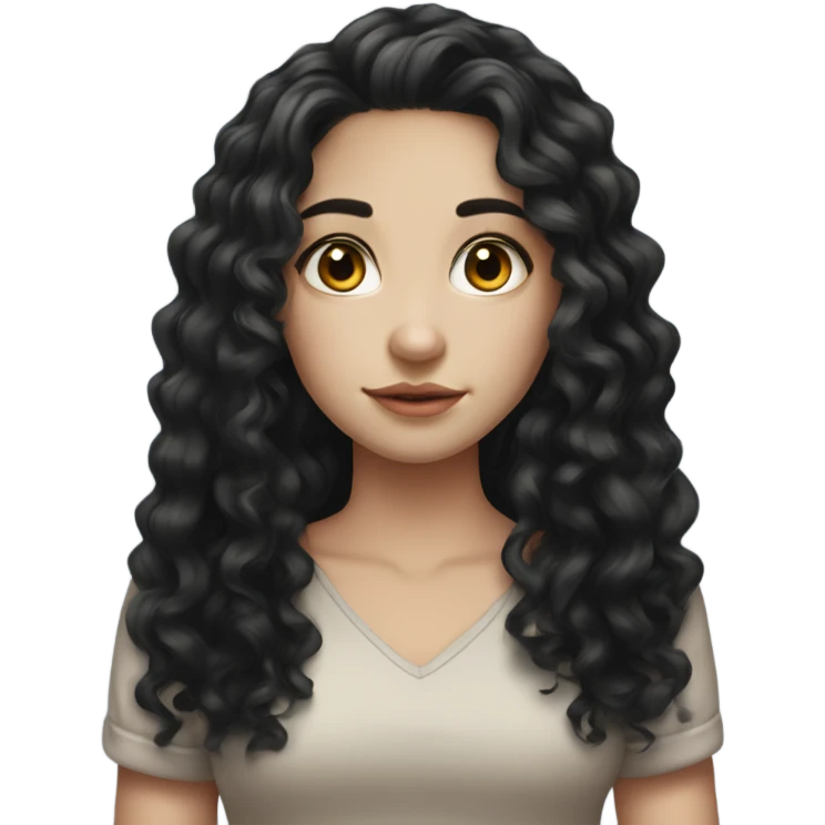 Beautiful girl, long black hair, curly hair, deep brown eyes, pale skin emoji