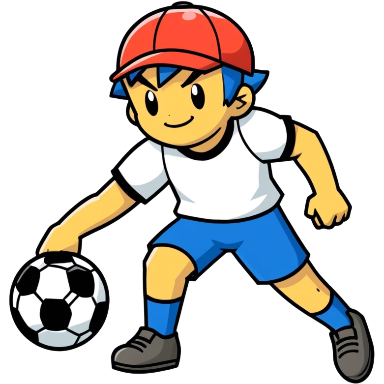 Hot handsomeb muscular 6ft tall smiling happy clean shaven Ash Ketchum playing soccer with his pokemon ball emoji