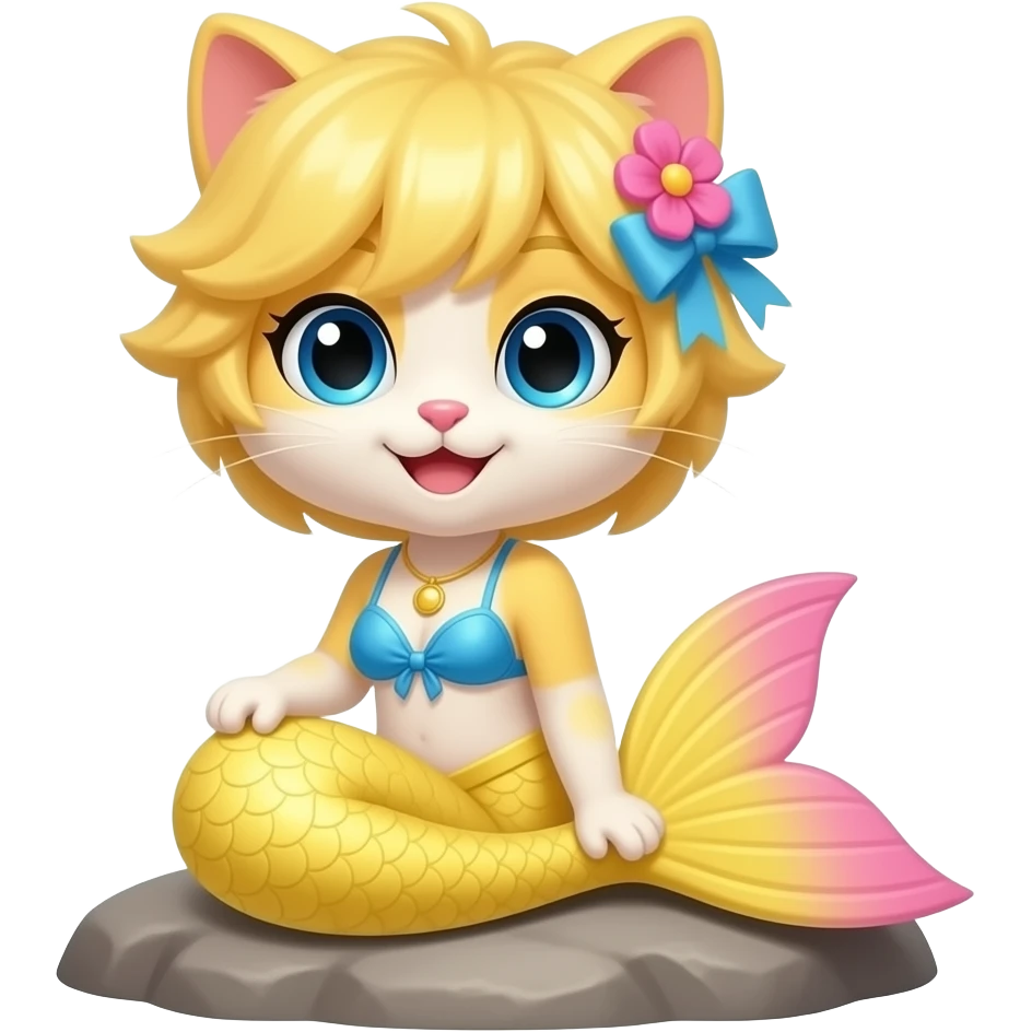 femboy yellow cat furry happy  blue eyes with blue with pink flowers and crown hair blue bikini top  light yellow mermaid tail with pink fins sitting on a rock emoji