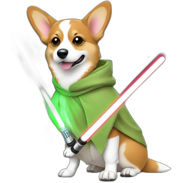 Corgi dress as yoda with one light saber green emoji