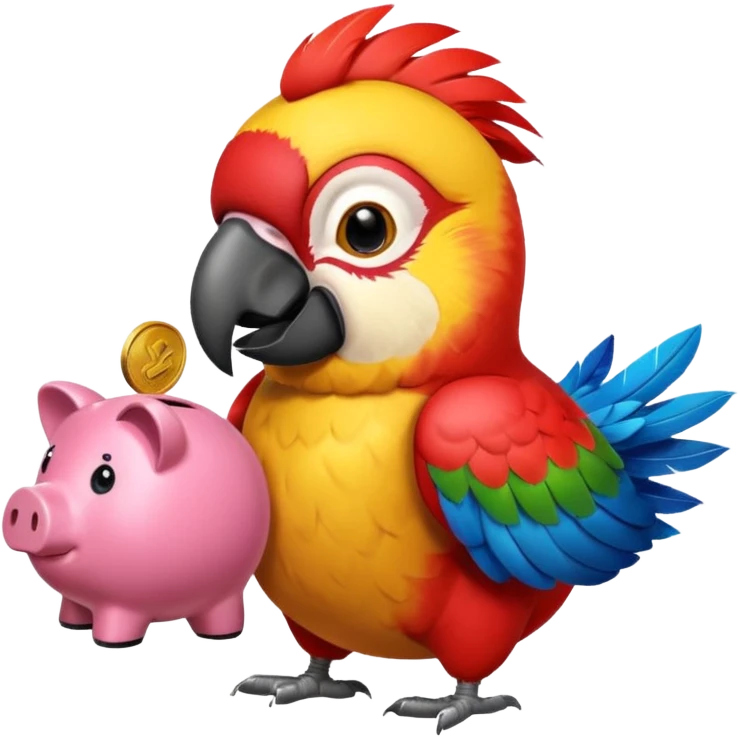 Macaw putting a coin into piggy bank with its beak emoji