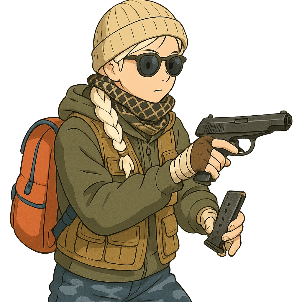 1 female, long white braid, knit cap, dark sunglasses, shemegh neckwrap, fishing vest, vibrant shool backpack, drab hoodie, handwraps, blue camo pants, executing a tactical reload of a makarov pistola emoji