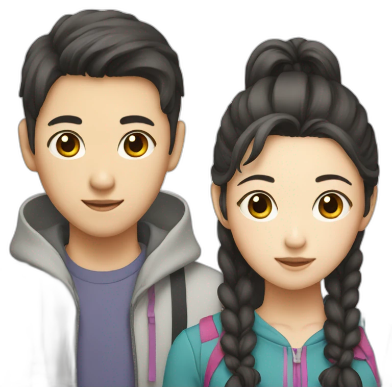 Teen Korean boy with a girl who has two side pony tails emoji