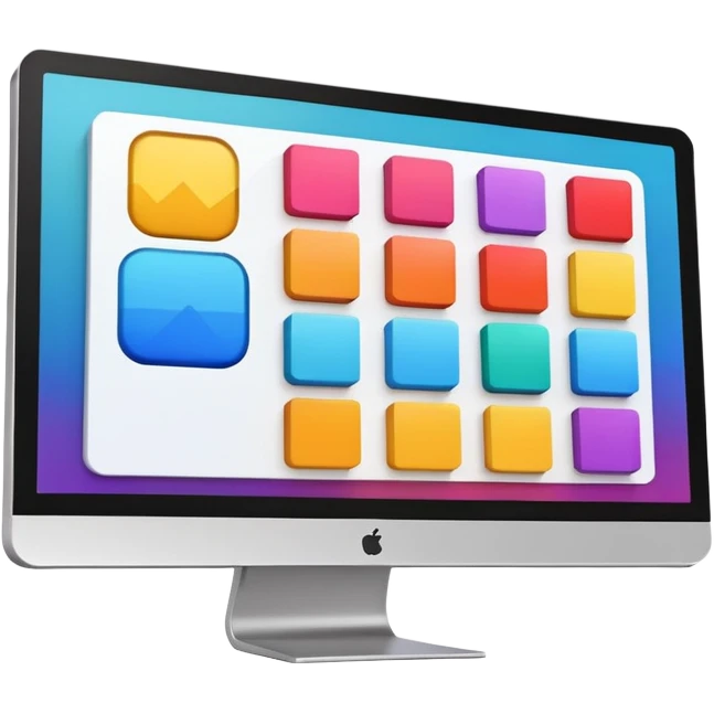 A monitor screen, showing some colorful UI design elements and layouts like rectangles, squares, etc. emoji