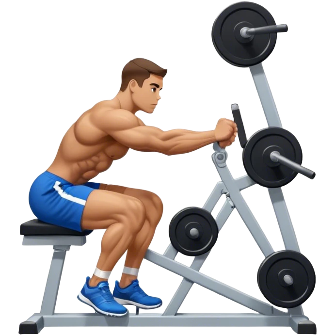 side-view bodybuilder in blue shorts seated weighted calf-raise machine on his tip toes emoji