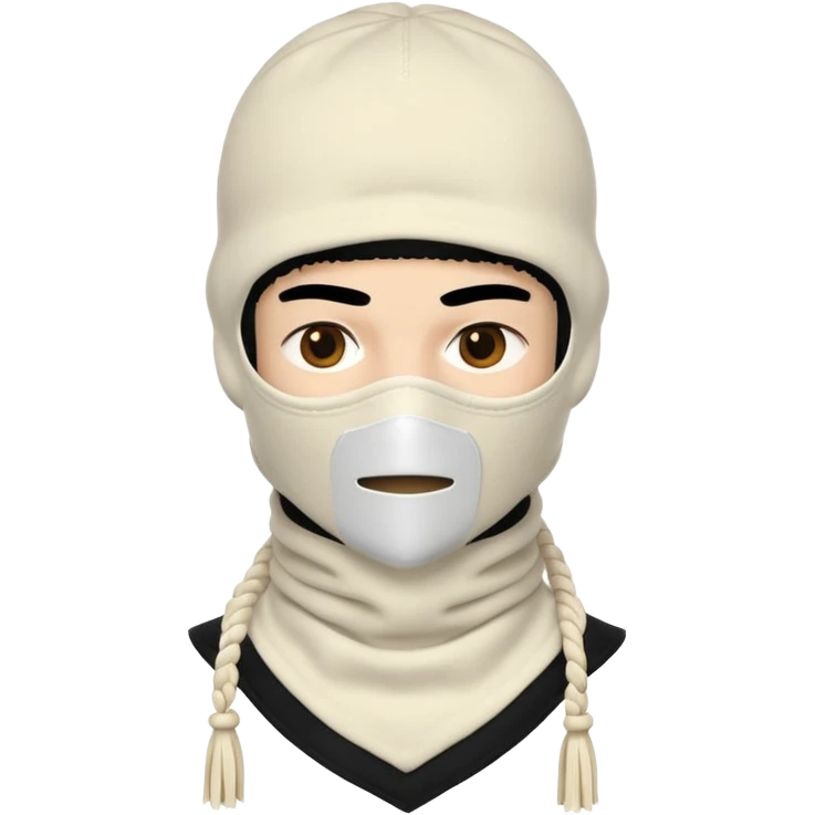 Ultra-detailed studio shot of a post-apocalyptic off-white balaclava — deconstructed, frayed, layered, with braided rope tassels and subtle embroidery. Minimalist white background, soft lighting, sharp focus. High-fashion streetwear aesthetic. The face of a person in a mask should not be visible emoji
