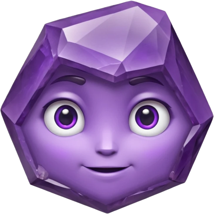 One amethyst-purple faceted rock head character, chunky and rock-like, with irregular facets and a few visible chips, big glossy eyes looking slightly up and a gentle smile, 3D render, high detail, soft rim light, isolated on dark background. emoji