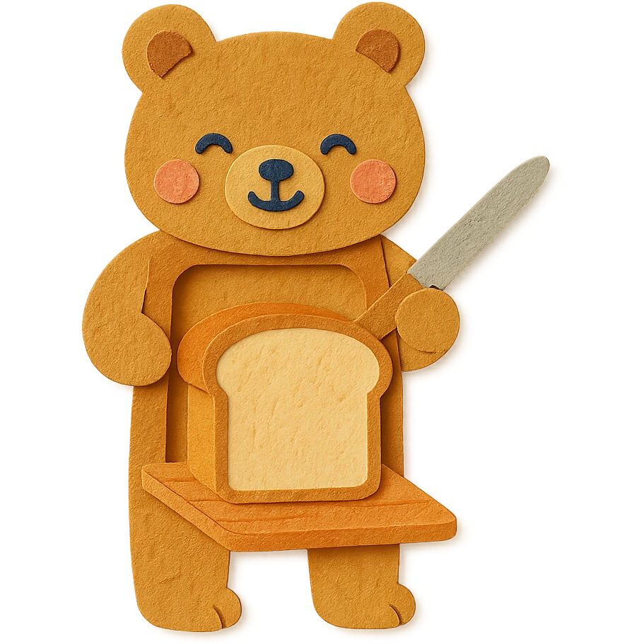 cute bear-shaped bread slicer slicing bread, happy soft eyes, warm tones, full-body emoji