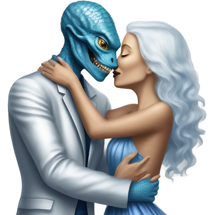 White man in blue dress  hugs and kissing Alien reptilian woman in silver dress  emoji