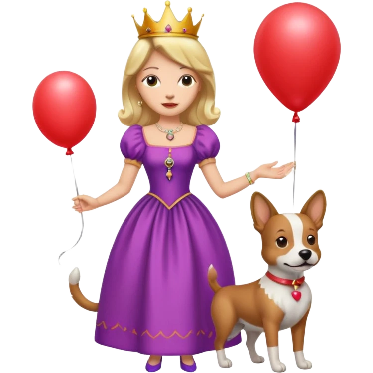 queen wearing dress, holding balloon in shape of number dog emoji