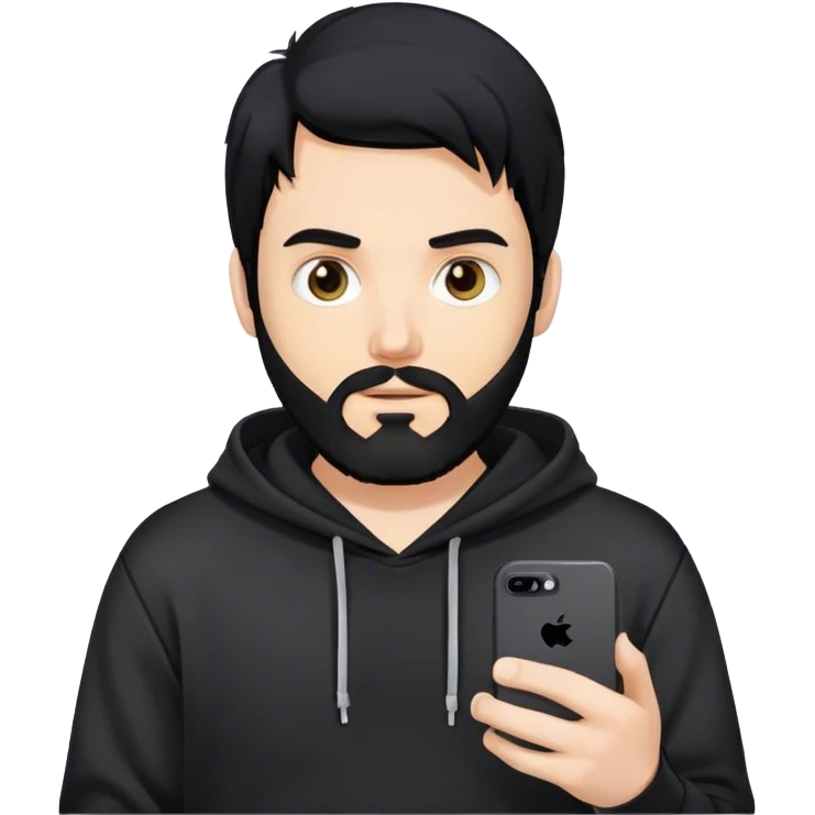 hackeur blanc cheveux noir barbe et capuche noir avec un iphone 16 pro emoji