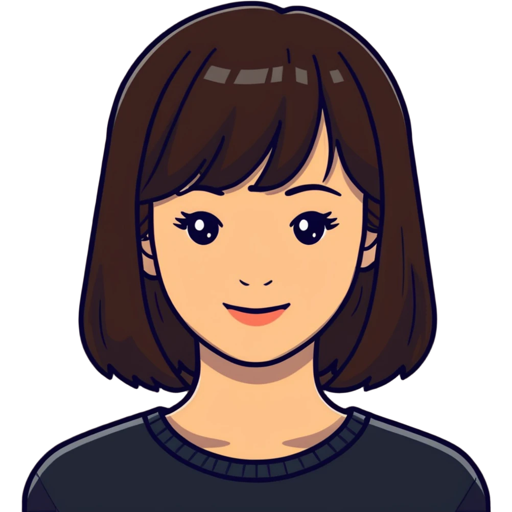 Pretty woman with dark brown bangs, subtle makeup, warm smile emoji