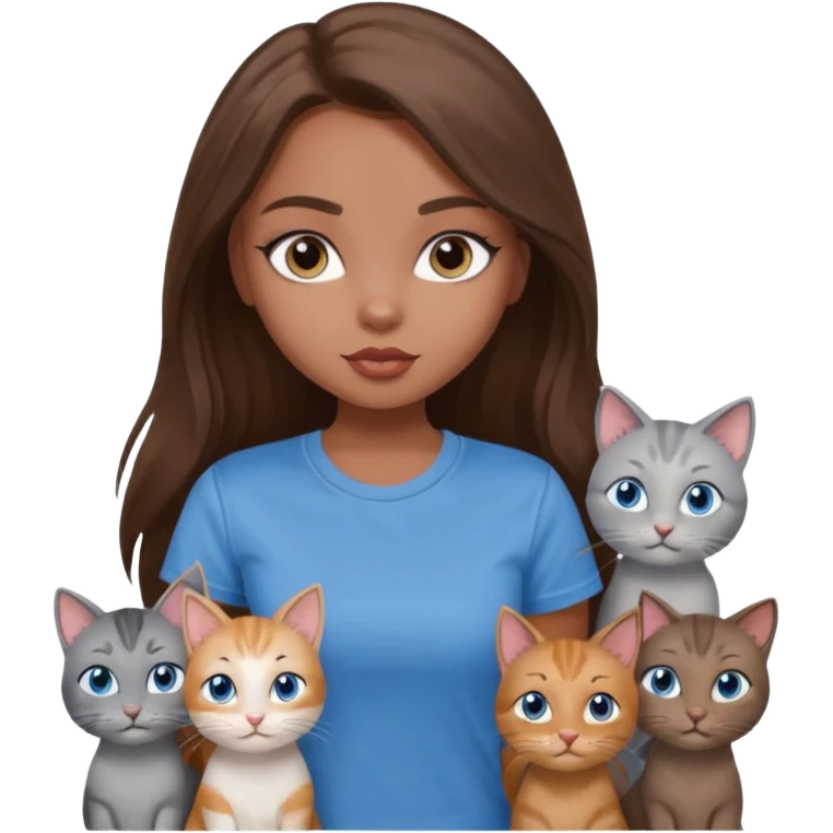 a pretty bratz dusky girl with long brown hair, blue eyes with six cats nd wearing a grey tshirt emoji