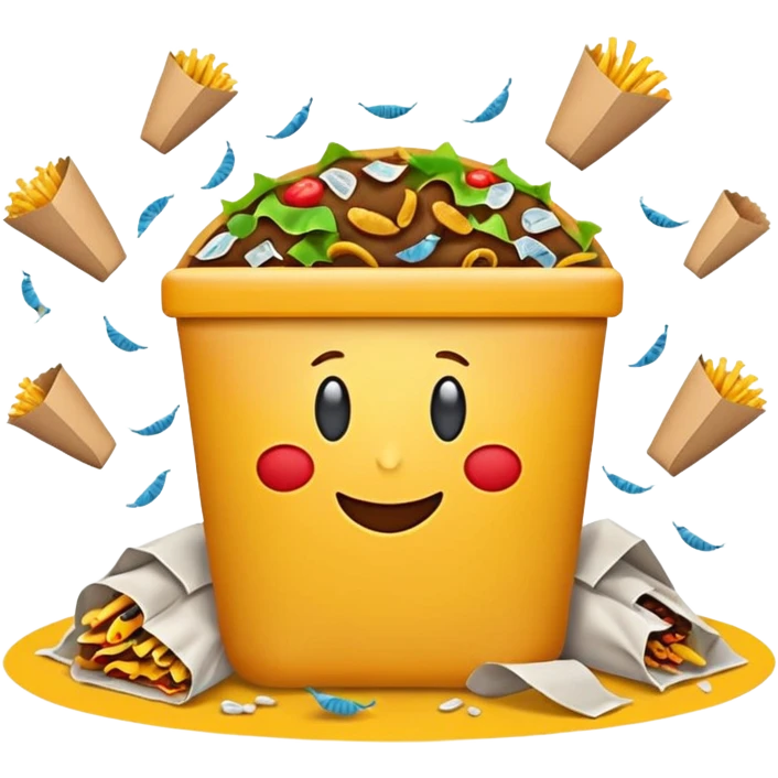emoji-style icon of a fast food restaurant with trash bags, spilled food, and flies at the entrance, unsanitary look, clear at small size, no text emoji