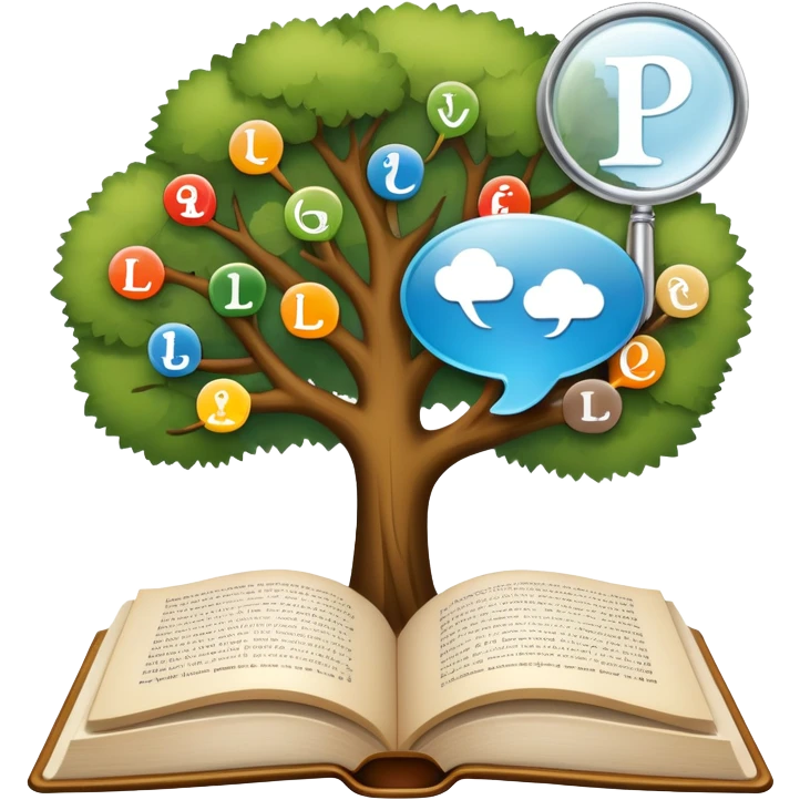 An icon featuring an open book, a speech bubble, and a linguistic tree, symbolizing philology and linguistics. The design includes alphabets, language symbols, and a magnifying glass, representing the study of language, structure, and meaning. Transparent background emoji