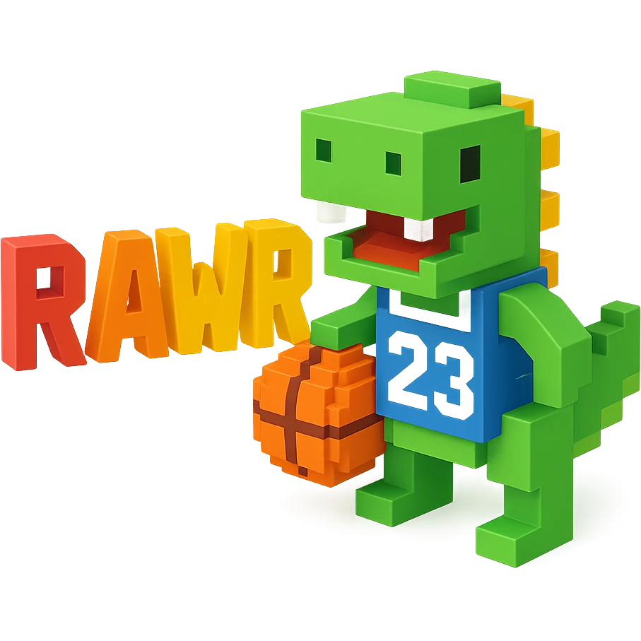 надпись "RAWR" и динозавр с баскетбольном мячом в майке с надписью "23", no background  emoji