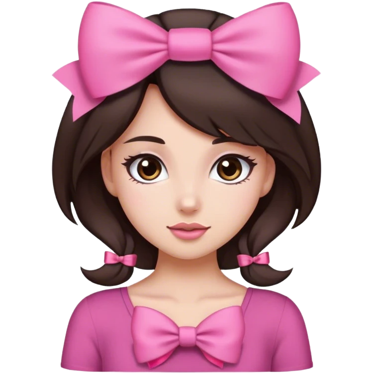 create a white girl but not too white medium tone with dark brown hair and dark brown eyes with flirty clothes and a bow in her hair the bow is pink but not too big and the hair is on the shoulders emoji