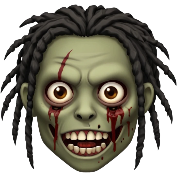zombie with brown skin, messy black dreads hair, wide centered brown eyes, dark bloody marks under the eyes, and a slightly open mouth showing crooked teeth grillz, giving a distressed, undead look. emoji
